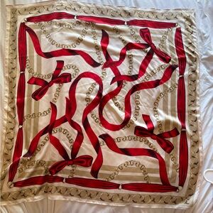 Silk Red Ribbon & Gold Chain Square Scarf, similar to Cartier but no tag 30x31”